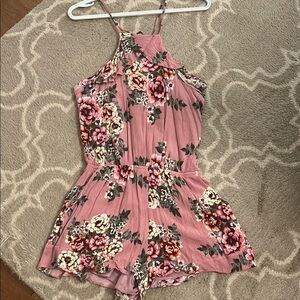 Exist Pink Floral Romper with Halter Neckline & Pockets, size M